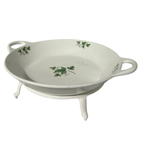 Vintage Prizer Ware Enamel Bale Dish Cast Iron Green Ivy D-11 w/ trivet - Picture 1 of 6